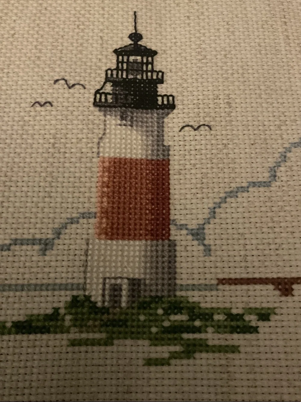 Handcrafted Lighthouse Cross-Stitch Wall Art - Red, White, Green
